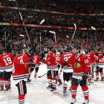 CHICAGO, IL - MAY 11:   Chicago Blackhawks celebrate after winning the Western Conference Semifinal Round of the 2009 Stanley Cup Playoffs against the Vancouver Canucks on May 11, 2009 at the United Center in Chicago, Illinois. (Photo by Bill Smith/NHLI via Getty Images)